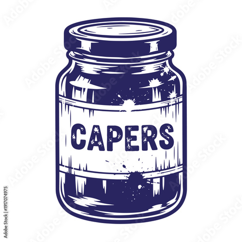 Grunge texture Illustration of a vintage glass jar with a label reading capers on white background Vintage Style