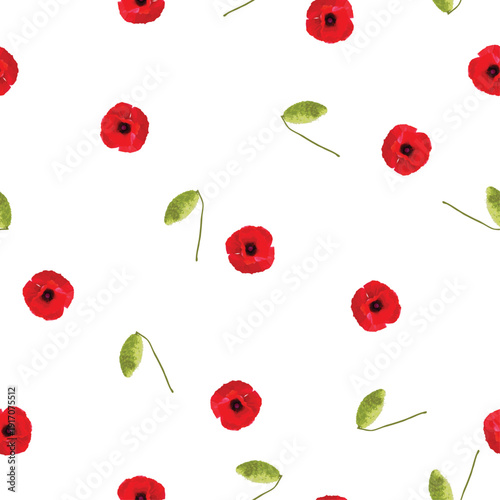 Seamless floral pattern red Poppies flowers with bud on white background, vector eps 10