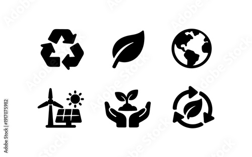 Collection of eco-friendly icons representing sustainability, nature, and renewable energy sources