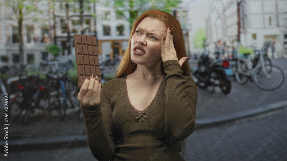Fototapeta premium Redhead young woman holds a chocolate bar at arm's length and covers her nose with one hand while standing on a street; disgust.