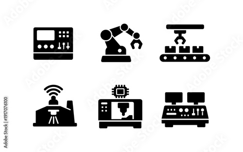 Set of industrial automation icons representing manufacturing and technology processes