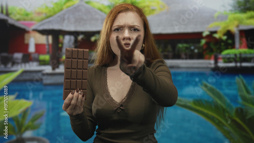 Slika na platnu Woman redhead holding large chocolate bar pointing index finger at camera in studio pool villa set; accusation temptation warning