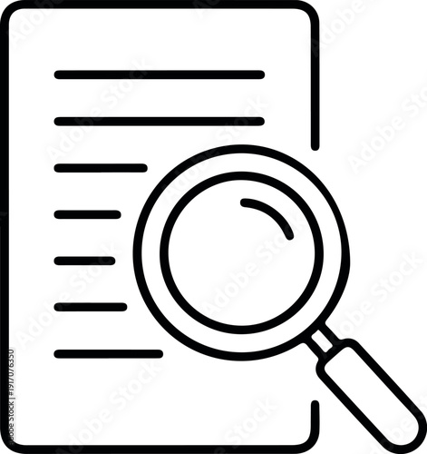Outline icon of magnifying glass over document, symbol of review or checking