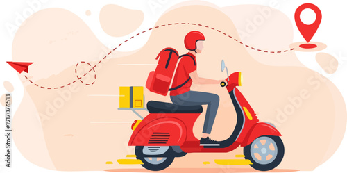 Delivery man riding a red scooter with a package and backpack, following a dotted line path from a paper plane to a location pin, vector illustration.