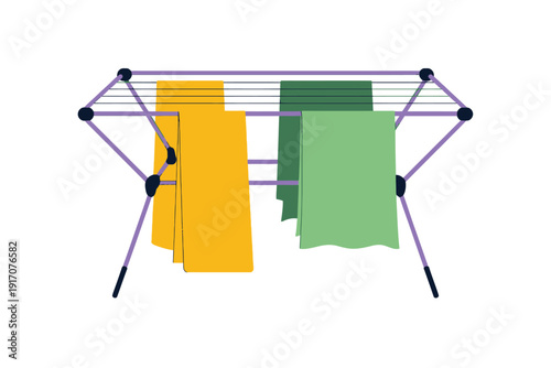 Collapsible drying rack holds brightly colored laundry items suspended for air.