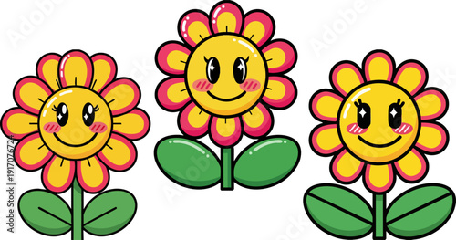 Three cute cartoon sunflower characters with smiling faces and rosy cheeks. Each flower features yellow petals with red tips, a yellow center, green stem