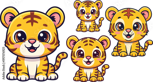 Cute baby tiger cartoon character collection featuring 4 adorable sitting tiger cubs with orange and black stripes, big eyes, and sweet smiles, isolated on a transparent background.