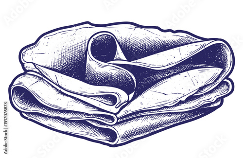 Grunge texture A stack of folded fabric or cloth napkins in a blue line art drawing style on white Vintage Style