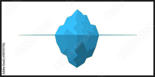 Flat design low angle blue iceberg split above and below water line with halftone texture horizontal line reflection calm minimalist vector illustration isolated white background