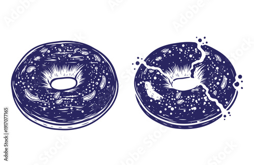 Grunge texture blue bagels with sesame seeds on white background Vintage Style