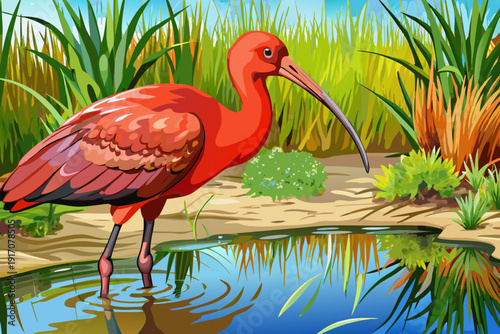 Glossy ibis foraging in muddy wetland vegetation along lakeshore at Lake Naivasha Kenya natural wildlife scene reflective water soft light