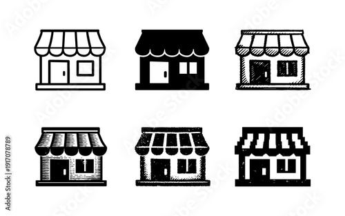 Collection of store icons in various styles, representing retail and commerce