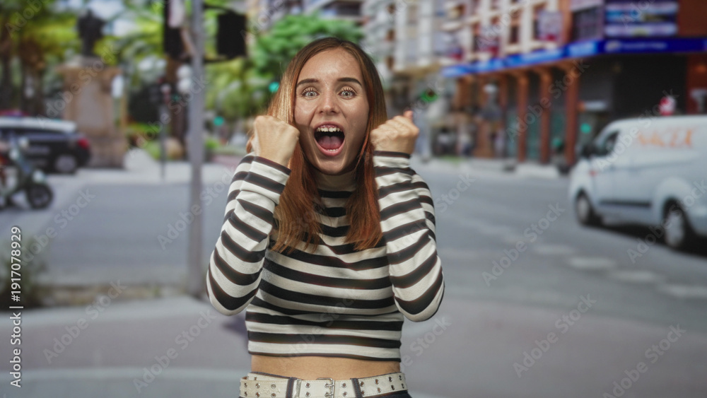 Fototapeta premium Redhead woman smiling, hands raised and showing teeth, wearing a striped top at a busy street crosswalk by buildings and cars; excitement energy.