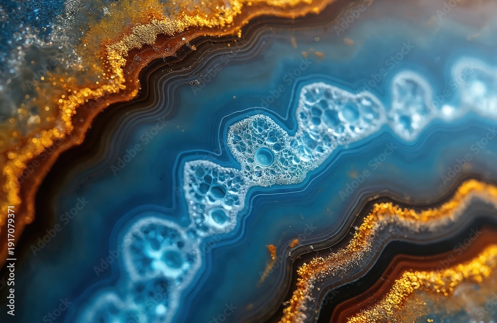 Obraz premium Abstract close-up of blue and gold agate stone texture. Natural mineral pattern with layered bands and cellular structures. Rippling wave-like forms create beautiful background.