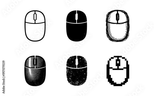 Collection of computer mouse icons in various artistic styles and textures