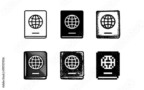Collection of passport icons in various styles and textures for travel and identification