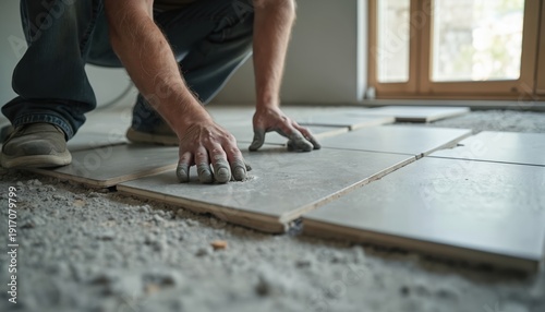 Builder installs large grey ceramic floor tiles on subfloor using mortar. Worker lays tiling with hands, preparing for grout, completing home renovation project.