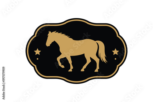 Golden horse silhouette, a stylish emblem, is perfectly framed in black with.