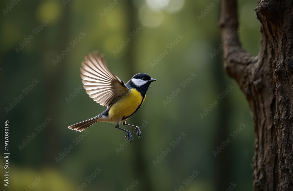 Naklejka premium Great tit bird in flight. Small passerine creature with yellow and black plumage soars through forest. Wings spread wide showing detail, natural habitat.