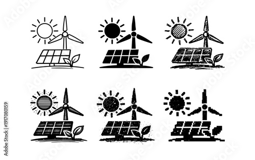 Set of icons representing renewable energy sources like solar and wind power generation