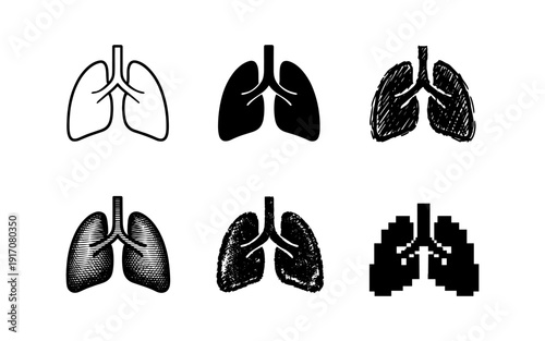 Collection of diverse lung icons representing different artistic styles and digital formats