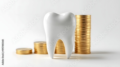 Dental care and finance concept with a white tooth model and stacks of gold coins on a clean white background, symbolizing savings for dental health and hygiene