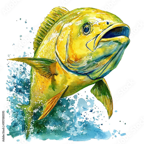 Mahi-mahi, refined watercolor illustration with luminous tones and soft layered brushwork, isolated on a white background.