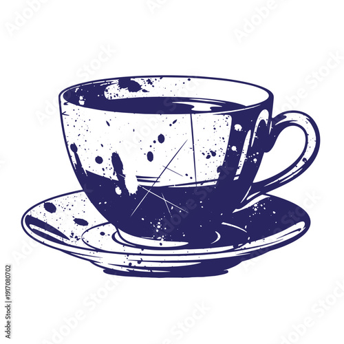 Grunge texture Grungy dark blue coffee cup and saucer on white background Vintage Style
