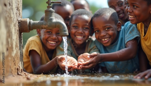 African children smile gleefully collecting fresh running water from outdoor tap. Boys and girls cup hands to drink clean liquid, joy fills their faces near water source.