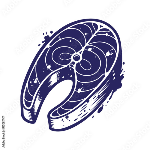 Grunge texture navy blue pork chop with white lines and splatters on white background Vintage Style