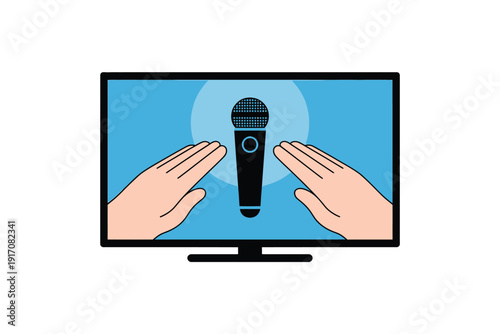 Hands gesture toward microphone display on television screen during broadcast.