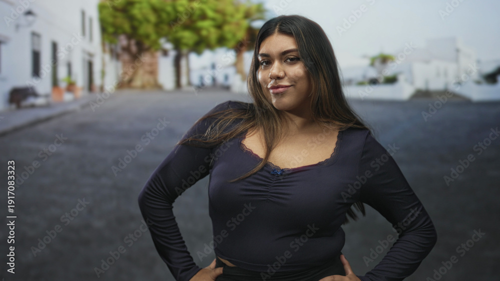 Fototapeta premium Woman plus size with hands on hips showing cleavage and a confident smile standing on a whitewashed street with trees and houses; confidence.