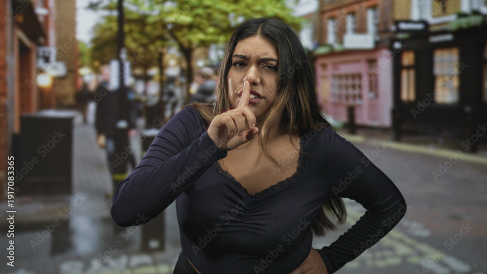 Fototapeta premium Woman hispanic plus size with finger to lips shushing on street, hands on hips, wearing dark blue lace trim top showing neckline and bare forearms; stern silence.