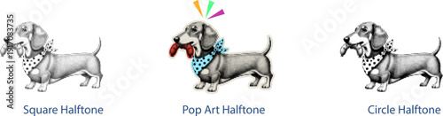 Pop art halftone style with playful dachshund dog holding a red tongue and colorful accent shapes wearing blue spiked collar on white background