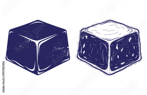 Grunge texture Two blue ice cubes with white highlights on white background Vintage Style