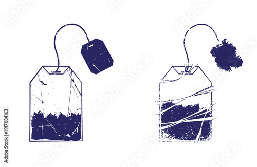 Grunge texture Two blue tea bags with string and dark tea leaves inside on white background Vintage Style