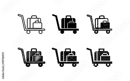Collection of luggage carts with suitcases in various artistic styles and textures