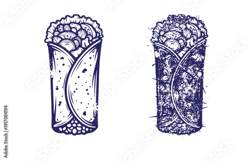 Grunge texture Two blue illustrations of wrapped Mexican food on white background  burritos or tacos al pastor with meat and vegetables inside Vintage Style