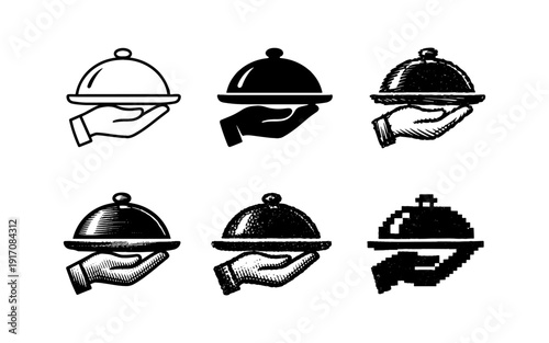 Collection of six different hand-held food cloche icons in various artistic styles