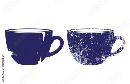 Grunge texture Two dark blue coffee mugs with white scratches and scuffs on a plain white surface Vintage Style