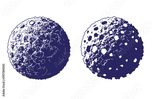 Grunge texture Two dark blue cratered moonlike celestial bodies with rugged surfaces and white markings on white background Vintage Style