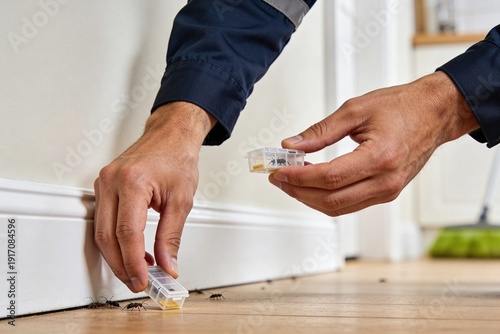 A pest control worker placing ant bait traps on a wooden floor near a white wall to eliminate an infestation.