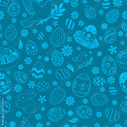 Easter seamless pattern with blue eggs, bunnies, birds, flowers on a solid blue background, perfect for holiday designs.