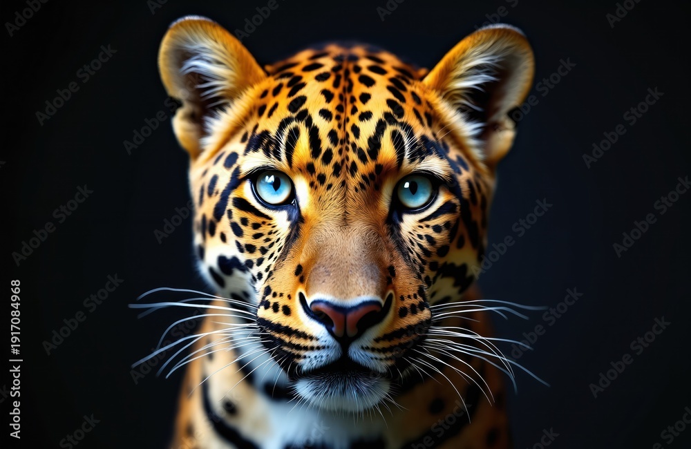 Obraz premium Leopard face portrait. Close-up animal head with piercing blue eyes. Big cat spotted fur texture. Wild predator intense stare on black background. Majestic feline.