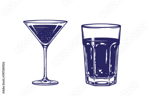 Grunge texture Two glasses of dark liquid one tall and slender the other short and wide on white background  Vintage Style