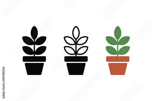 Three potted plant icons illustrate growth and gardening in solid, outline.