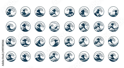 Travel blue icon collection. Includes globe, map, compass, airplane, ship, landmark, and tourism symbols. Created in minimalist style with blue and white palette.