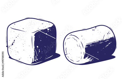 Grunge texture Two ice cubes with grunge effect on white background  frozen water cubes with dark blue shadows and splatters Vintage Style