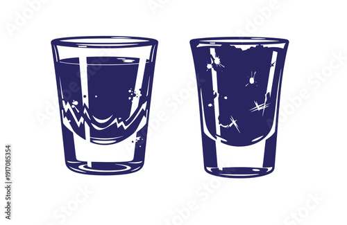 Grunge texture Two navy blue illustration glasses one full of liquid and one empty on white background Vintage Style