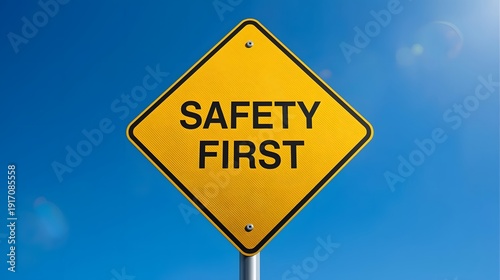 Yellow road sign with 'SAFETY FIRST' text on blue background, safety concept, warning sign, road safety, caution sign, safety first, road sign, warning, caution, safety, protection, alert, roadside,